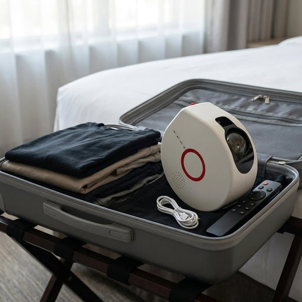 An open carry-on suitcase on a hotel luggage rack with clothes on one side and the projector, a coiled USB cable and a slim black remote tucked in on the other