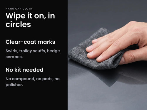 Hand wiping a dark gray car panel with the NanoPolix Nano Sparkle Cloth, next to a text panel titled Wipe it on, in circles