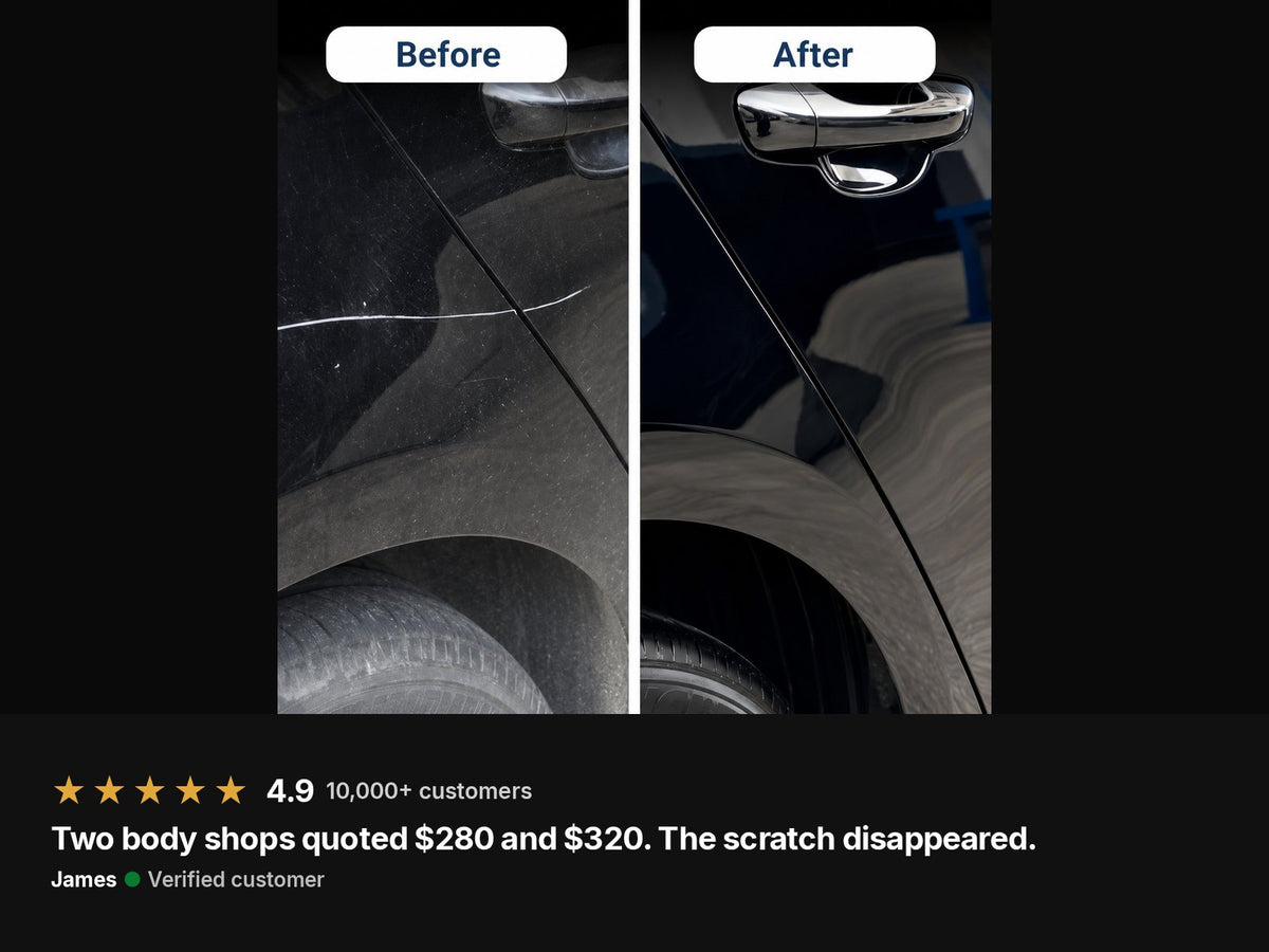 Before and after on a black door. James, verified customer, 5 stars: two body shops quoted $280 and $320. The scratch disappeared.