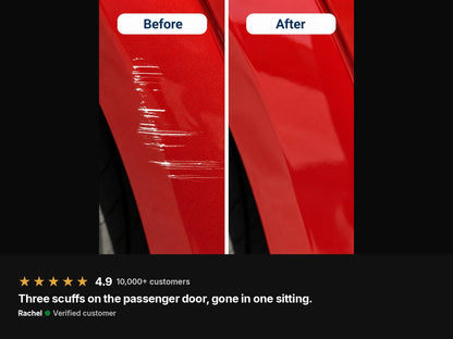 Before and after on a red door. Rachel, verified customer, 5 stars: three scuffs on the passenger door, gone in one sitting.