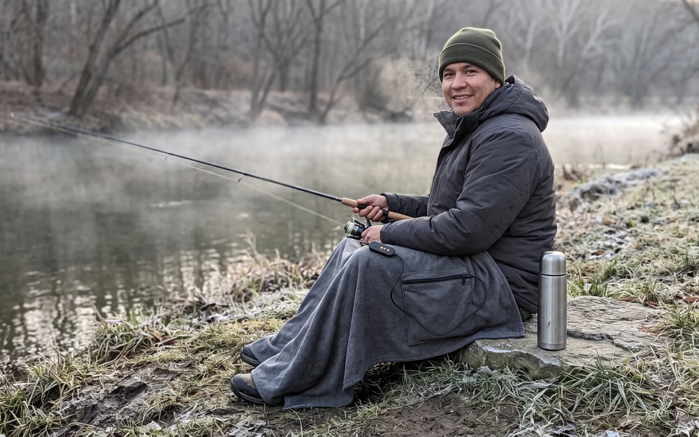 A man in an olive wool beanie sitting on a low rock on a riverbank on a winter morning, a misty river and bare trees behind, holding a fishing rod with a graphite-grey blanket over the lap and legs, a thermos on the rock and thin mist over the water